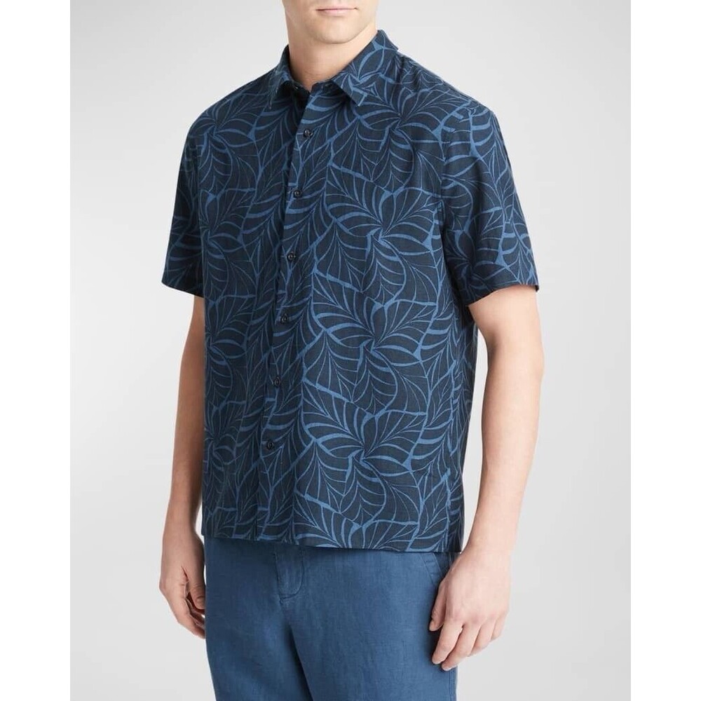 NEW Vince Mens Size XL Blue Indigo Linen Blend Palm Leaf Sport Shirt $225